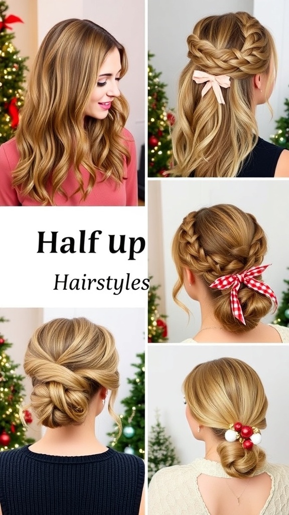 Collage of Christmas hairstyles for medium length hair, featuring various festive styles.